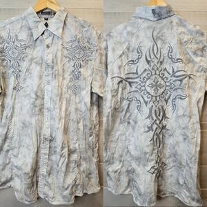 {XL} ROAR Embroidered Button Down Short Sleeve Shirt Gray